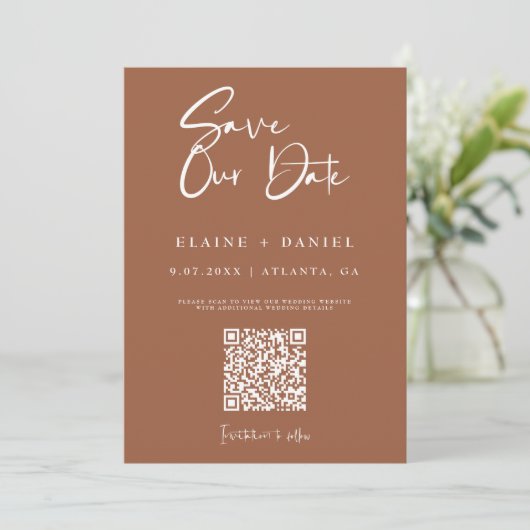 Minimale Rustige QR-codefoto voor script Save The Date (Staand voorkant)