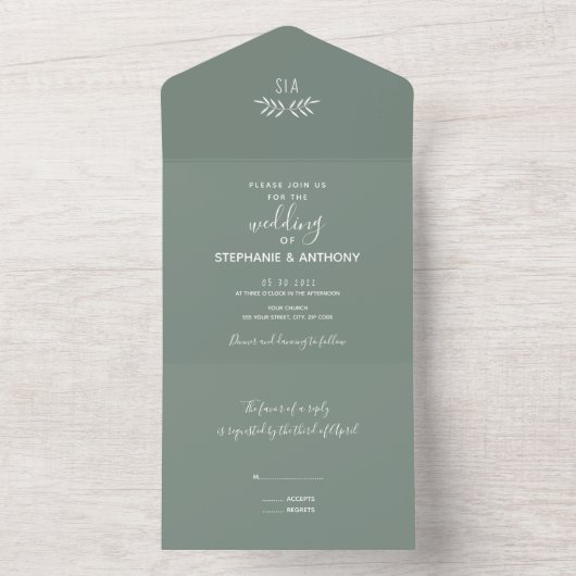 Minimale Sage Green Branch Calligraphy Wedding All In One Uitnodiging (Binnen)