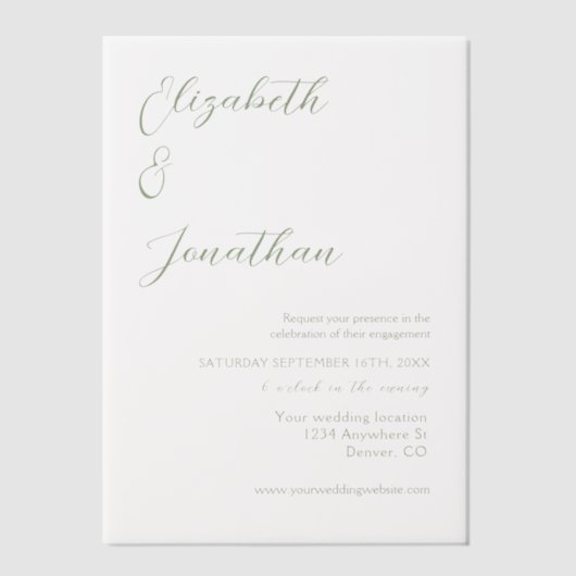 Minimale Sage Green Engagement Party Vellum Uitnodigingen (Voorkant)