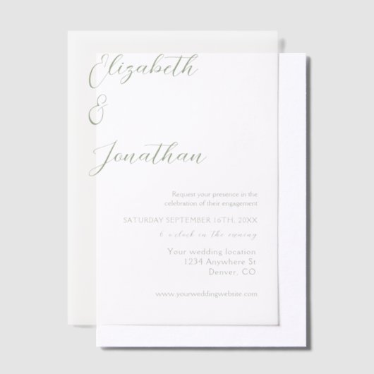Minimale Sage Green Engagement Party Vellum Uitnodigingen (Offset)