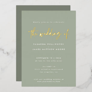 Minimale Sage Green Handwrited Wedding Gold Folie Uitnodiging