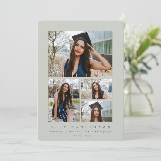 Minimale Sage Green Lijst 4 Foto Afstuderen Aankondiging (Staand voorkant)