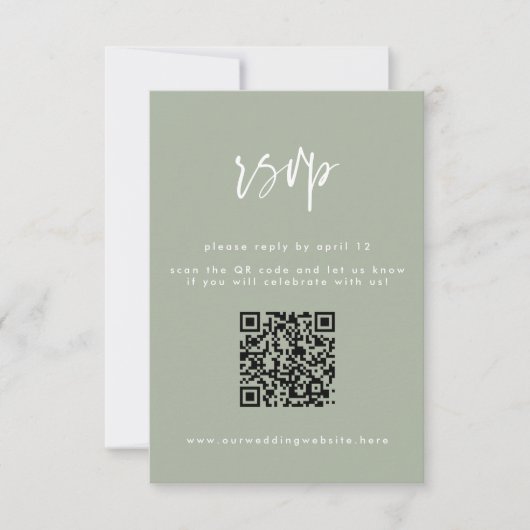 Minimale Sage Green Script Wedding QR Code RSVP Kaartje (Voorkant)
