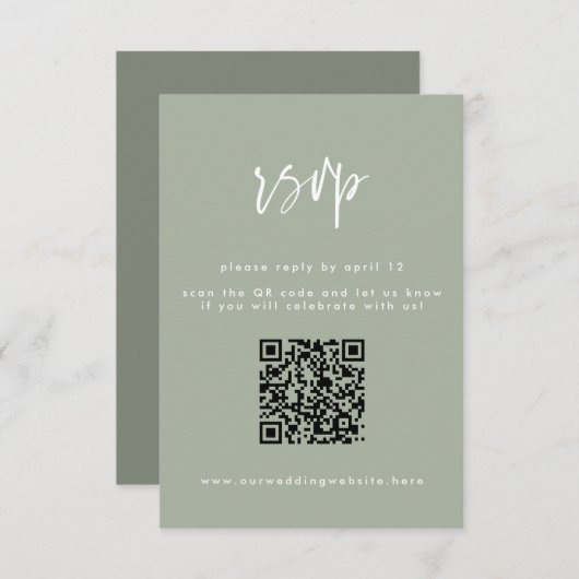 Minimale Sage Green Script Wedding QR Code RSVP Kaartje (Voorkant / Achterkant)