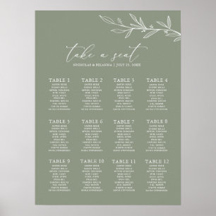 Minimale Sage Green Wedding 12 Table Seating Chart Poster