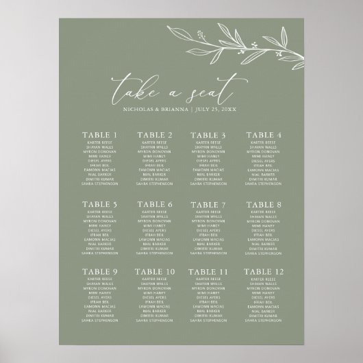 Minimale Sage Green Wedding 12 Table Seating Chart Poster (Voorkant)