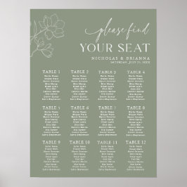 Minimale Sage Green Wedding 12 Table Seating Chart Poster