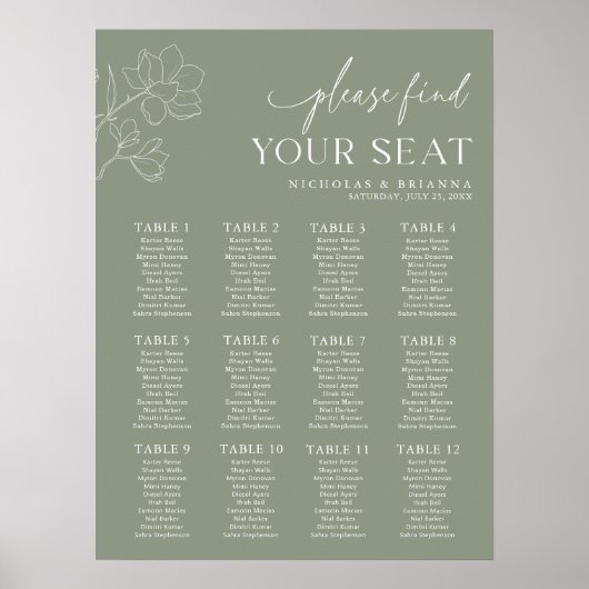 Minimale Sage Green Wedding 12 Table Seating Chart Poster (Voorkant)