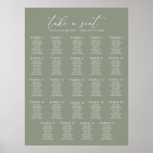 Minimale Sage Green Wedding 24 Table Seating Chart Poster (Voorkant)