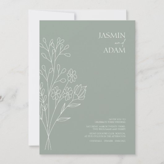 Minimale Sage Green White Wildflower Wedding Kaart (Voorkant)