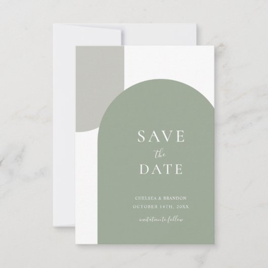 Minimale Sage Groen Boho Boog Formeel Script Trouw Save The Date (Voorkant)