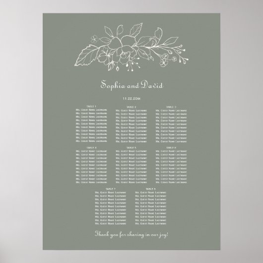Minimale Sage Groene 8 Tafels Bruiloft Zittinggraf Poster (Voorkant)