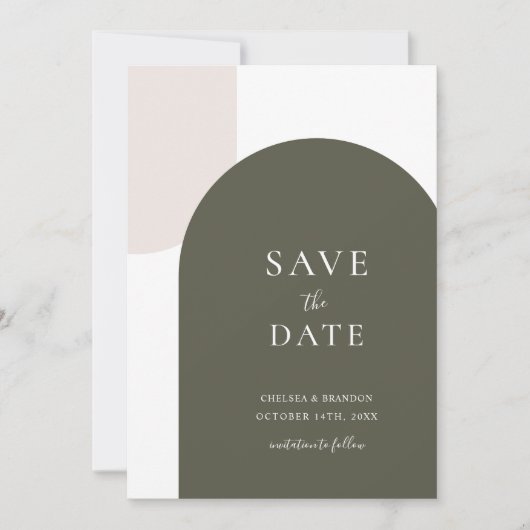Minimale Sage Groene Boho Boog Witte Script Trouwd Save The Date (Voorkant)