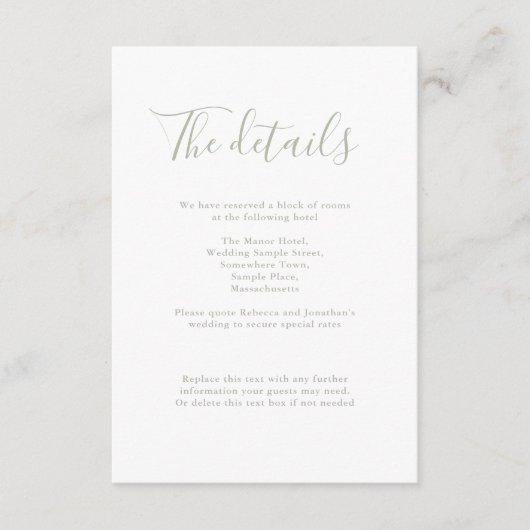 Minimale Sage Groene Budget Bruiloft Details Informatiekaartje (Voorkant)