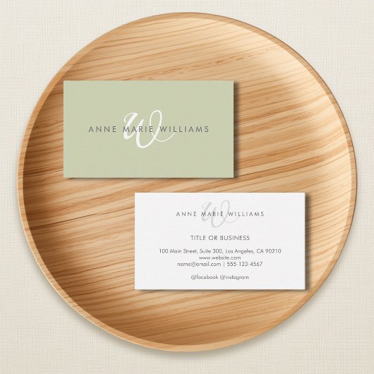 Minimale Saliegroen Witte Script Monogram Zakelijk Visitekaartje