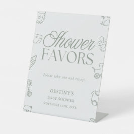 Minimale saliegroene baby shower favorieten reclamebord met voetstuk