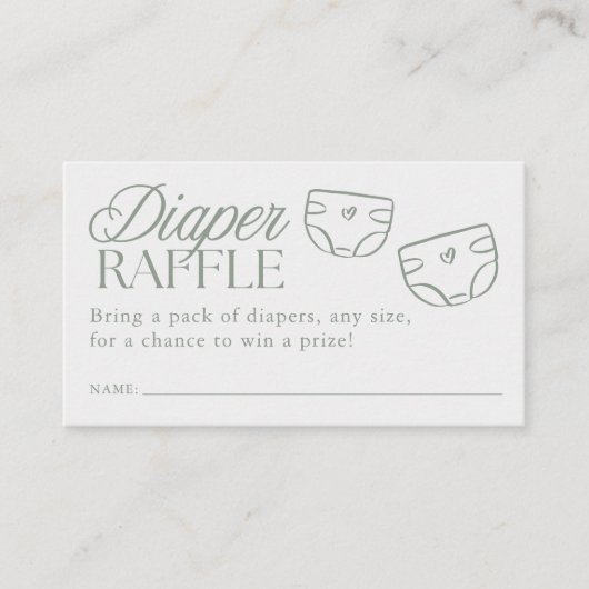 Minimale saliegroene babyshower-luierraffle informatiekaartje (Voorkant)