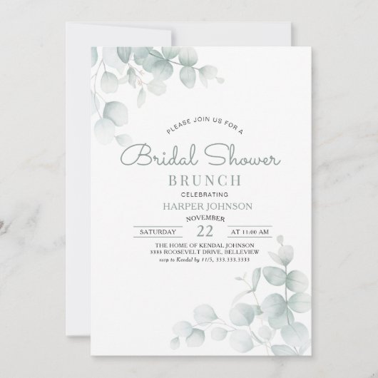 Minimale saliegroene bloemige bruidsdouche brunch kaart (Voorkant)