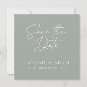 Minimale saliegroene script foto bruiloft save the date (Voorkant)