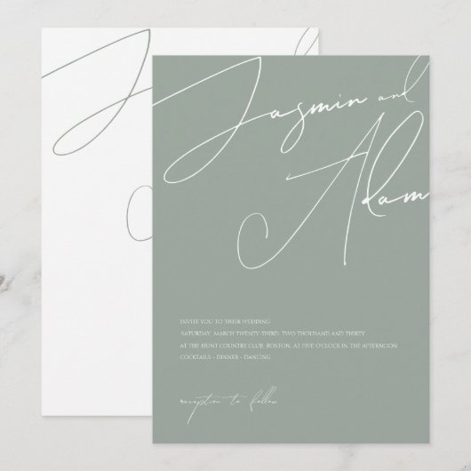 Minimale saliegroene script typografie bruiloft kaart (Voorkant / Achterkant)