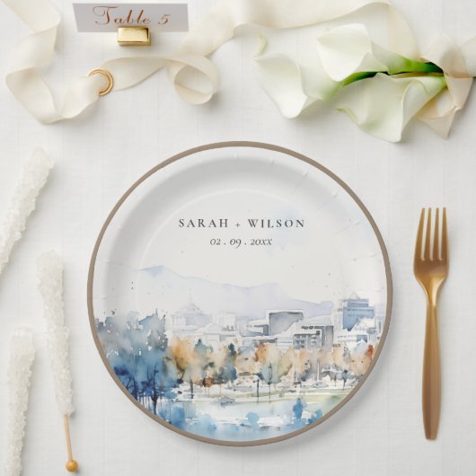 Minimale San Jose, Californië Aquarel Bruiloft Papieren Bordje (Huwelijk)