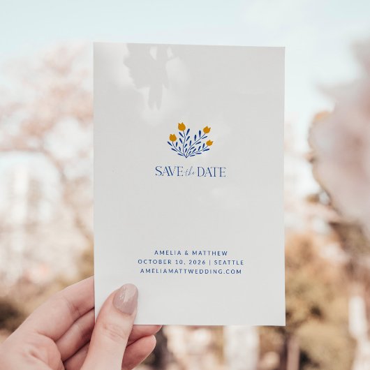 Minimale Scandinavische Folk Flowers Blue Yellow Save The Date