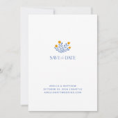 Minimale Scandinavische Folk Flowers Blue Yellow Save The Date (Voorkant)