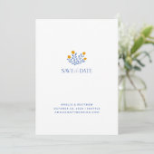 Minimale Scandinavische Folk Flowers Blue Yellow Save The Date (Staand voorkant)