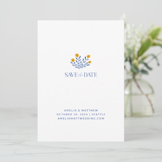 Minimale Scandinavische Folk Flowers Blue Yellow Save The Date (Staand voorkant)