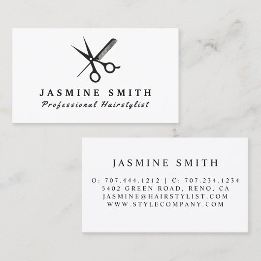 Minimale schaar en Comb Logo Haarstylist Visitekaartje (Voorkant / Achterkant)