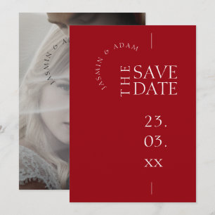 Minimale scharlakenrode foto-huwelijksaankondiging save the date
