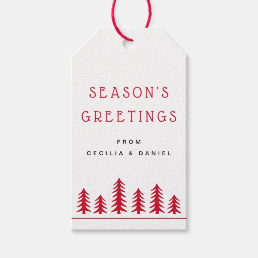 Minimale schattige kerstbomen rood wit cadeaulabel (Voorkant)