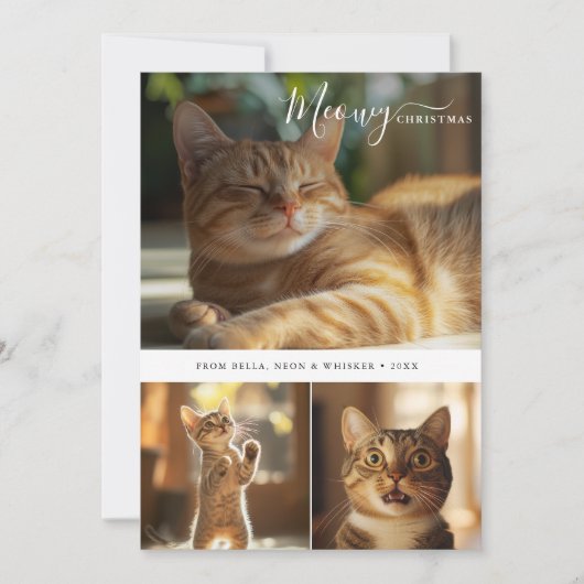 Minimale Schattigee Cat Meowy Christmas 3 Fotocoll Feestdagenkaart (Voorkant)