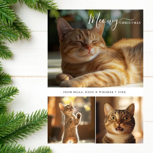 Minimale Schattigee Cat Meowy Christmas 3 Fotocoll Feestdagenkaart