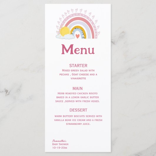 Minimale Schattigee Rainbow Sun Pink Baby Menu (Voorkant)