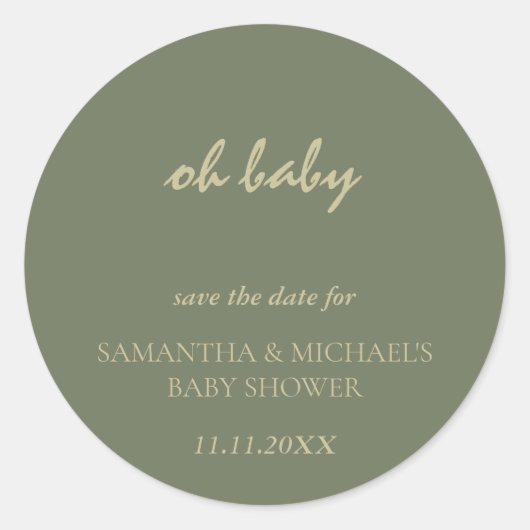 Minimale schone Sage gouden script BABY Save Datum Ronde Sticker (Voorkant)