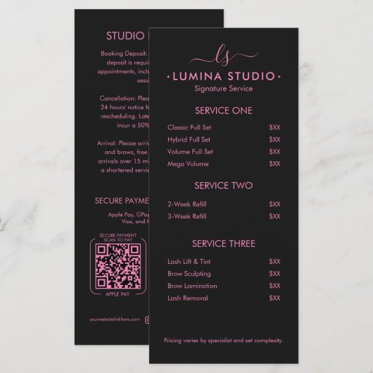 Minimale Schoonheid Roze Zwarte Wimper Tech Prijsl Menu (Voorkant / Achterkant)