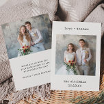 Minimale schrijfmachine | Twee simpele foto's Bedankkaart<br><div class="desc">Deze eenvoudige en minimalistische bruiloft bedankt dat je kaarten twee van je favoriete trouwfoto's bevatten,  samen met je namen en de woorden "liefde   bedankt" in zwarte typemachine die op tekst lijkt. De achterzijde van de kaart biedt ook ruimte voor een persoonlijk bericht van bedankt aan uw gasten.</div>
