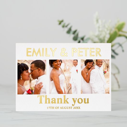 Minimale script 4 foto bruiloft bedankt kaart (Staand Voorkant)