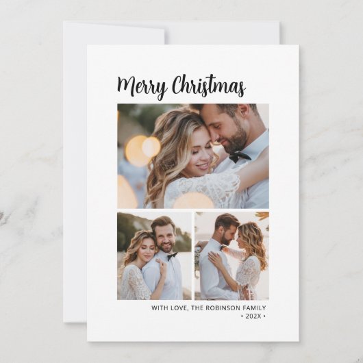 Minimale Script Botanical 3 Multi Photo Christmas Feestdagenkaart (Voorkant)
