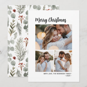 Minimale Script Botanical 3 Multi Photo Christmas Feestdagenkaart