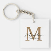 Minimale script calligrafie gouden monogram wit sleutelhanger (Voorkant)
