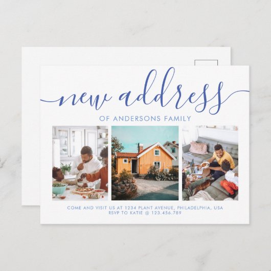 Minimale Script Calligraphy 3 Photo New Address Aankondigingskaart (Voorkant / Achterkant)