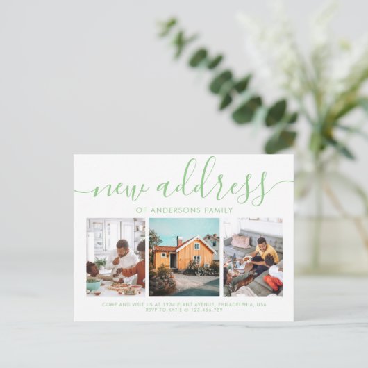 Minimale Script Calligraphy 3 Photo New Address Aankondigingskaart (Staand voorkant)