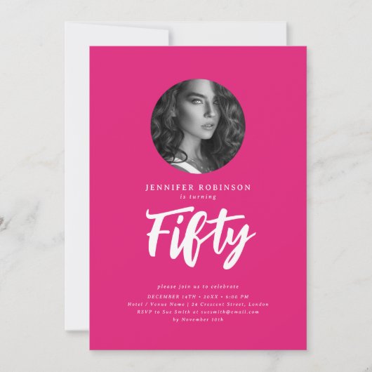 Minimale Script Foto 50e Verjaardagsfeest Hot Pink Kaart (Voorkant)