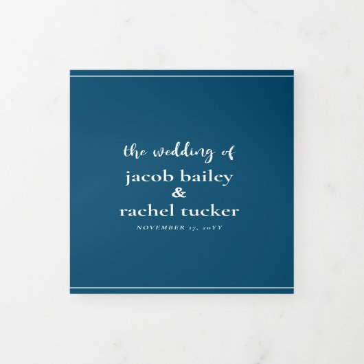 Minimale Script Ocean Blue & White Wedding Drieluik Uitnodiging (Cover)