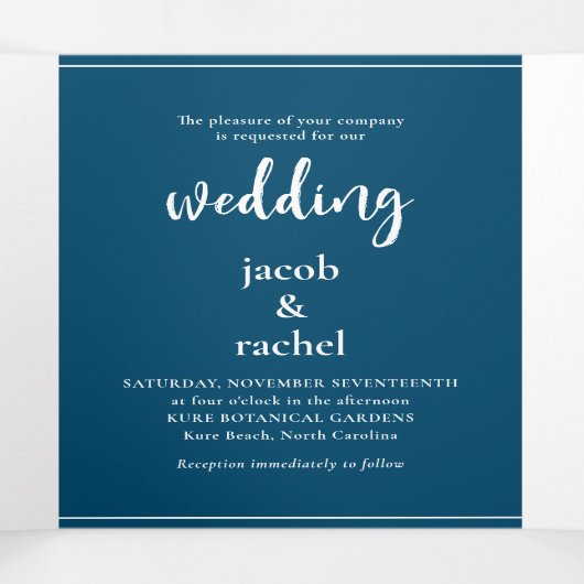 Minimale Script Ocean Blue & White Wedding Drieluik Uitnodiging (Binnenkant midden)