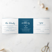 Minimale Script Ocean Blue & White Wedding Drieluik Uitnodiging (Binnen)