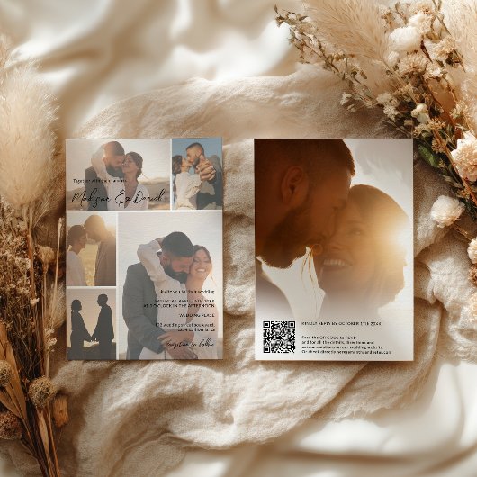 Minimale script QR-codenamen 6-foto grid bruiloft Kaart