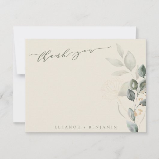 Minimale Script Rustic Gold Greenery Flat Wedding Bedankkaart (Voorkant)